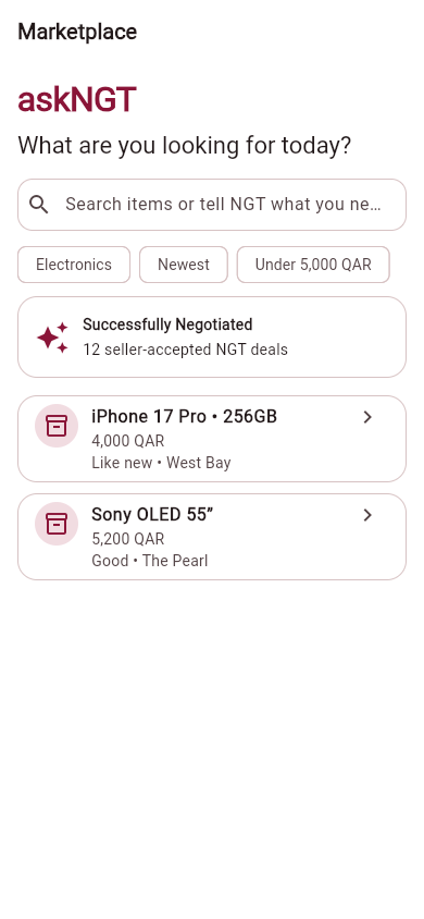 askNGT marketplace screen